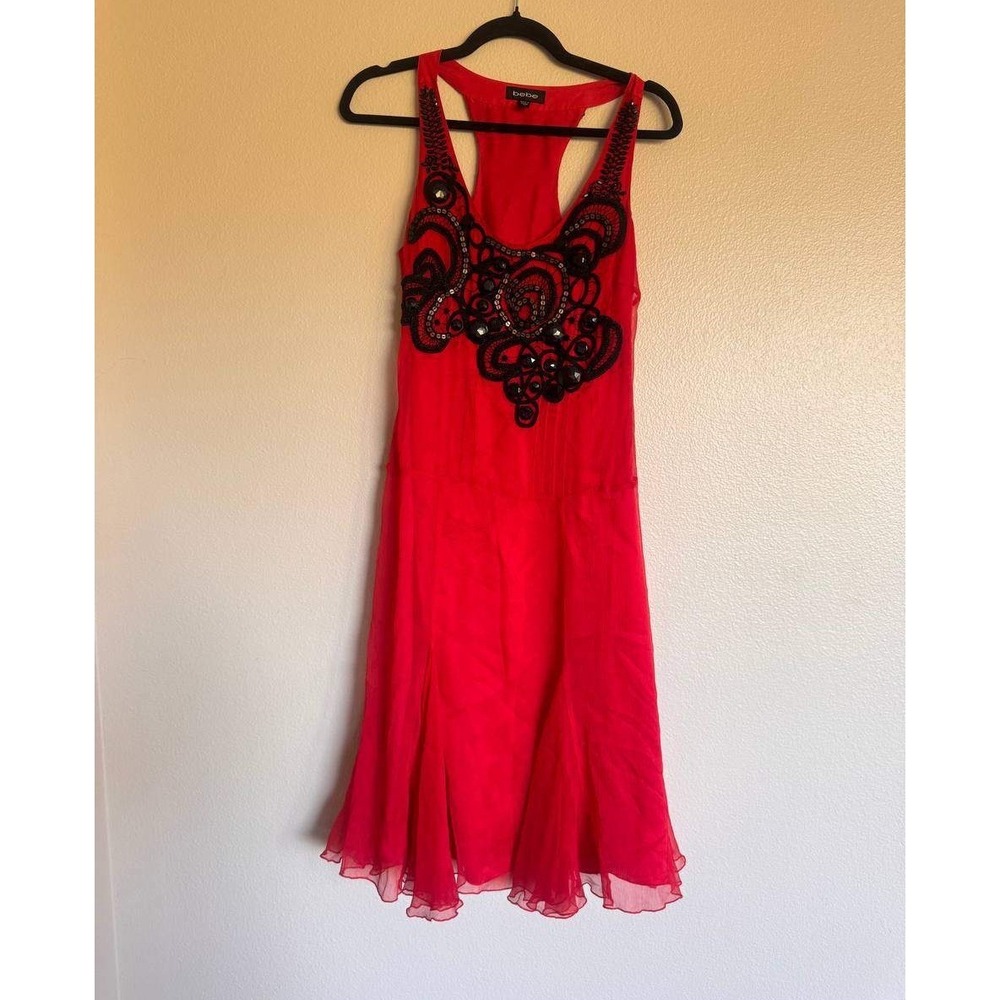 Bebe 100% Silk Racerback Dress XS Rio Red Black Beaded Lace Bib Y2K Old Money